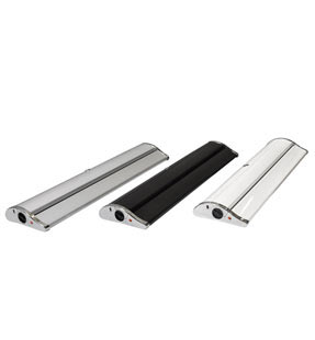 Rollup Werbebanner Premium mit Kassette in 3 Farben: Silber, Schwarz, Weiß