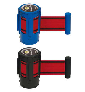 Absperrpfosten mit Gurtkassette in Blau oder Schwarz und rotem Gurt