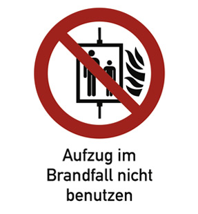 Schild 'Aufzug im Brandfall nicht benutzen' mit Symbol und Beschriftung