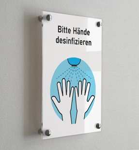 Schild 'Bitte Hände desinfizieren' aus Acrylglas