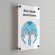 Schild 'Bitte Hände desinfizieren' aus Acrylglas