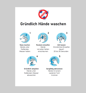 Hinweisschild 'Hände waschen gegen Coronavirus' mit Befestigungsmaterial