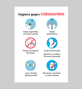 Bodenständer Virenhygiene mit Aufschrift 'Hygiene gegen CORONAVIREN'