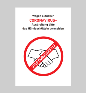 Schild 'Händeschütteln vermeiden wegen Coronavirus-Ausbreitung'