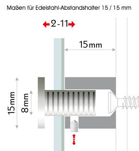 Edelstahl-Abstanshalter mit 15mm Wandabstand und 15mm Durchmesser