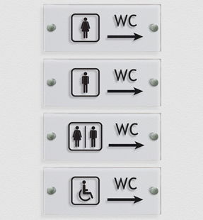 Inkl 4 x Abstandshalter aus V2A Edelstahl Kinekt3d Leitsysteme WC Toiletten Wandschild/Türschild • WC Schild besteht aus hochtransparentem 3mm Acrylglas Pfeil Wegweiser Links • 150 x 150mm